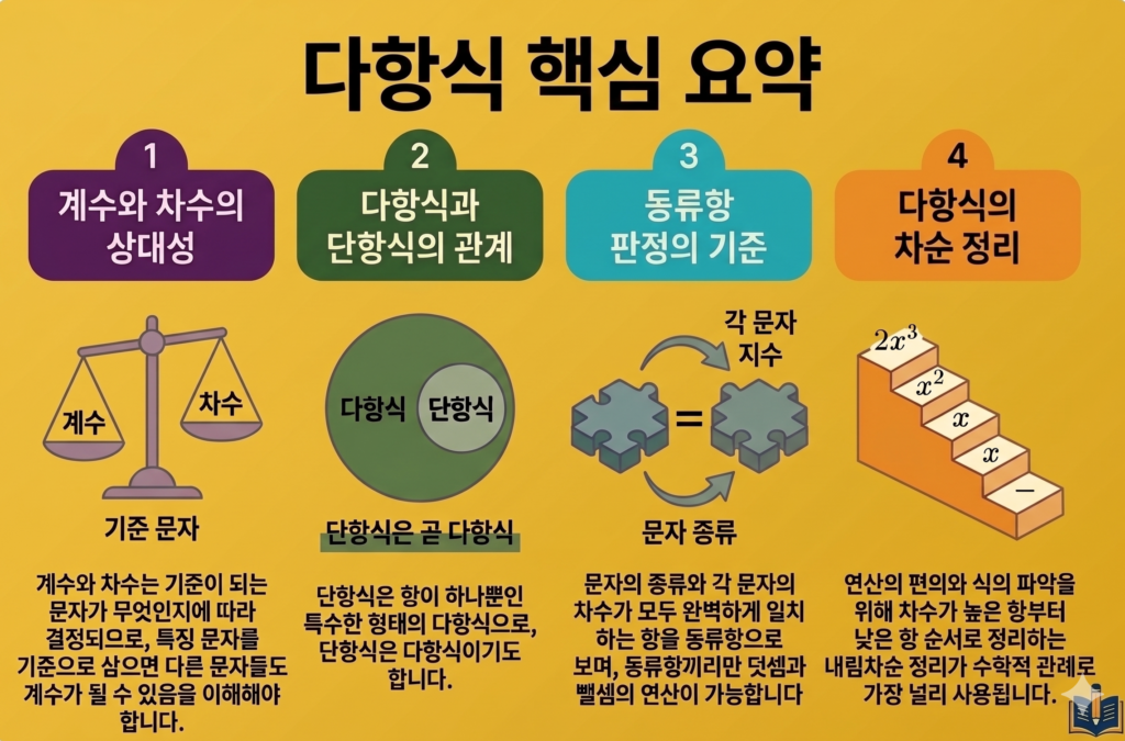 진한 노란색 배경에 다항식의 4가지 핵심 원리(계수와 차수의 상대성, 단항식과 다항식의 관계, 동류항 판정 기준, 다항식의 차순 정리)를 도식화하여 설명하는 교육용 인포그래픽 이미지