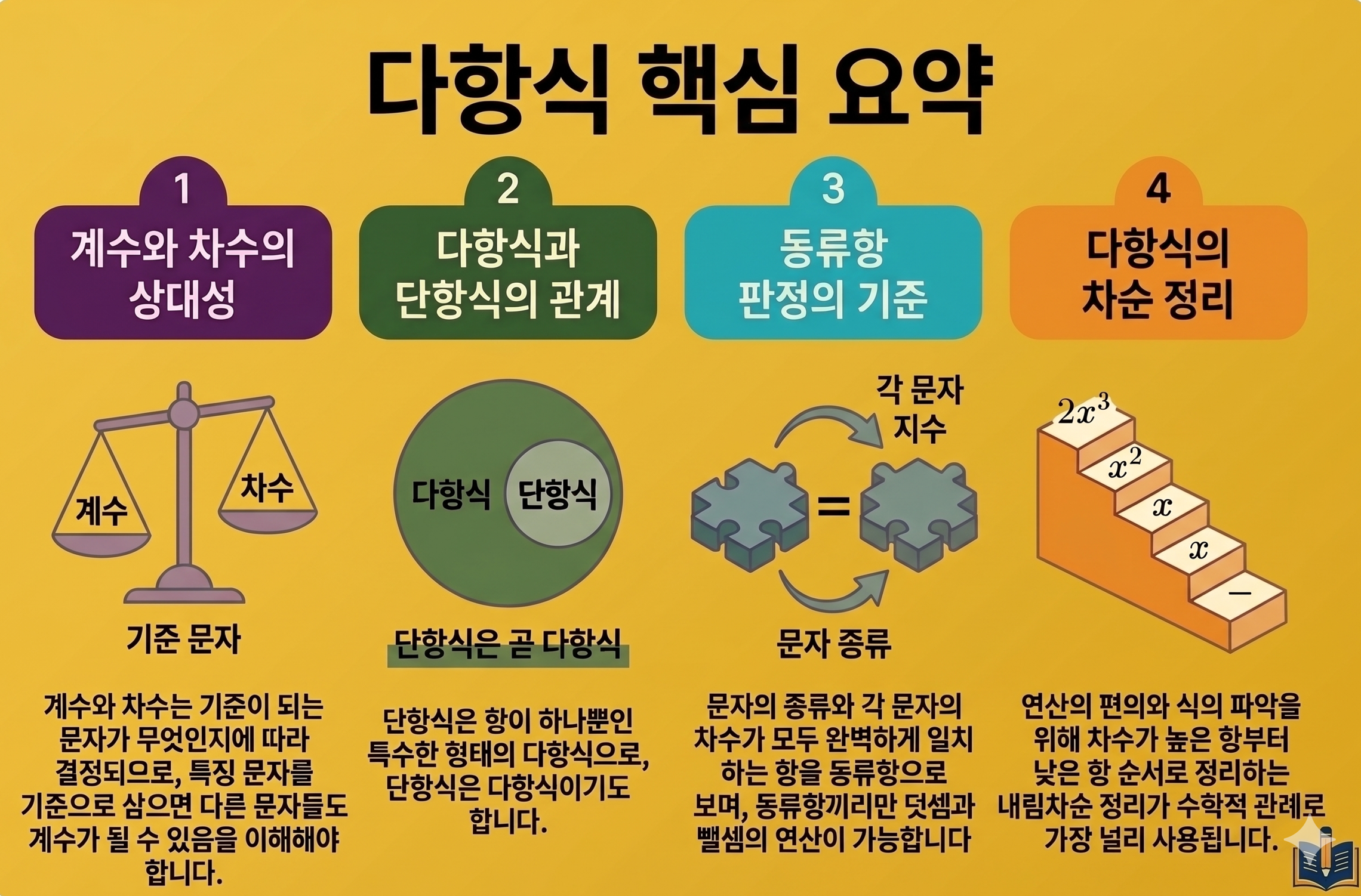 진한 노란색 배경에 다항식의 4가지 핵심 원리(계수와 차수의 상대성, 단항식과 다항식의 관계, 동류항 판정 기준, 다항식의 차순 정리)를 도식화하여 설명하는 교육용 인포그래픽 이미지