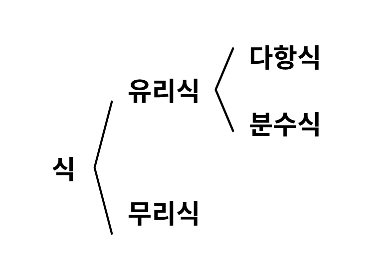 식의 분류. 식은 유리식과 무리식으로, 유리식은 다항식과 분수식으로 분류
